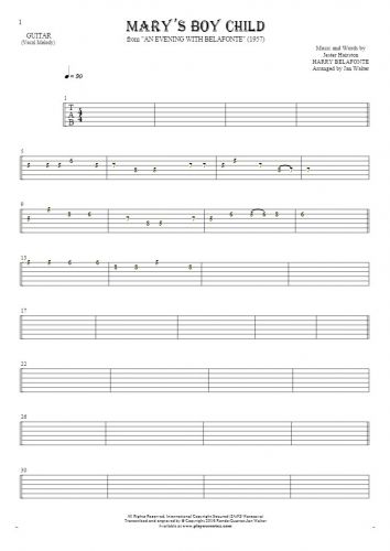 Mary's Boy Child - Tablature for guitar - melody line