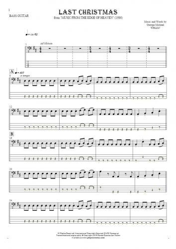 Last Christmas - Notes and tablature for bass guitar