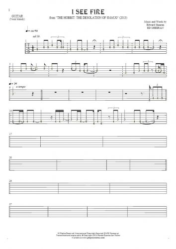 I See Fire - Tablature (rhythm. values) for guitar - melody line