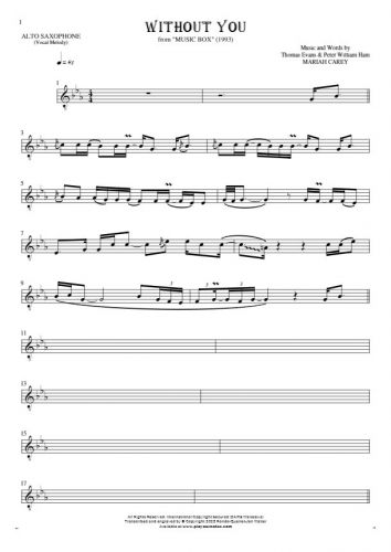 Without You - Notes for alto saxophone - melody line
