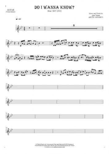 Do I Wanna Know? - Notes for guitar - melody line