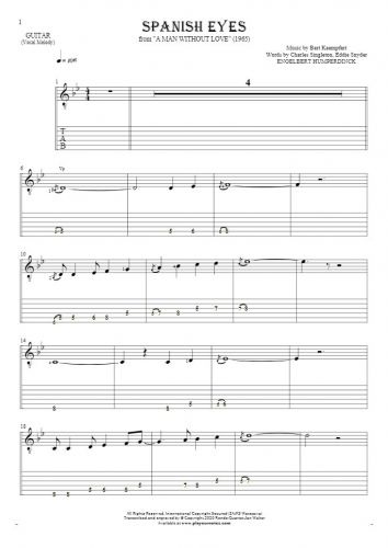 Spanish Eyes - Notes and tablature for guitar - melody line