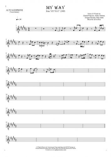My Way - Notes for alto saxophone - melody line