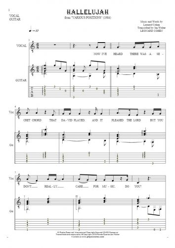 Hallelujah - Notes, tablature and lyrics for solo voice with guitar accompaniment