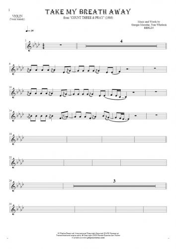 Take My Breath Away - Notes for violin - melody line
