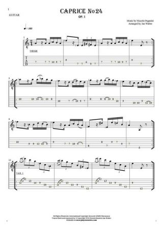 Caprice No 24 op.1 - Notes and tablature for guitar - violin solo