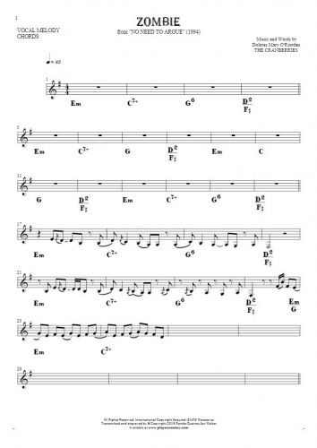 Zombie - Notes and chords for solo voice with accompaniment