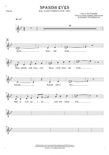 Spanish Eyes - Notes and lyrics for vocal - melody line