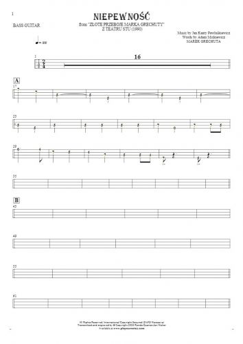 Uncertainty - Tablature (rhythm. values) for bass guitar