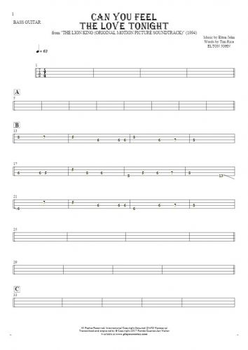 Can You Feel the Love Tonight - Tablature for bass guitar