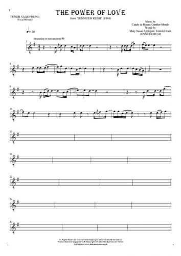 The Power Of Love - Notes (in transposing) for tenor saxophone - melody line