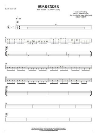 Surrender - Tabulatura (wartości rytmiczne) na gitarę basową