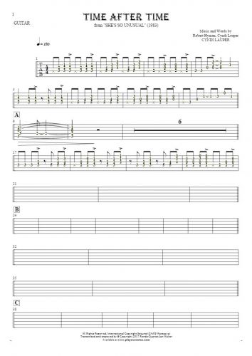 Time After Time - Tablature (rhythm. values) for guitar