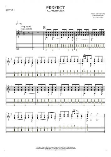 Perfect - Notes (in transposing) and tablature for guitar - guitar 1 part