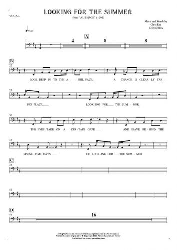 Looking For The Summer - Notes and lyrics-(bass clef) for vocal - melody line