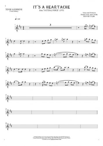 It's a Heartache - Noten für Tenor Saxophon - Melodielinie