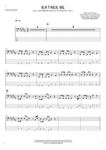 Rather Be - Notes and tablature for bass guitar