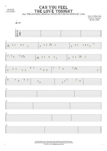 Can You Feel the Love Tonight - Tablature for guitar - melody line