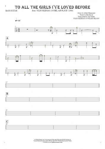 To All The Girls I’ve Loved Before - Tablature (rhythm. values) for bass guitar