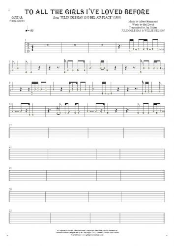 To All The Girls I’ve Loved Before - Tablature (rhythm. values) for guitar - melody line